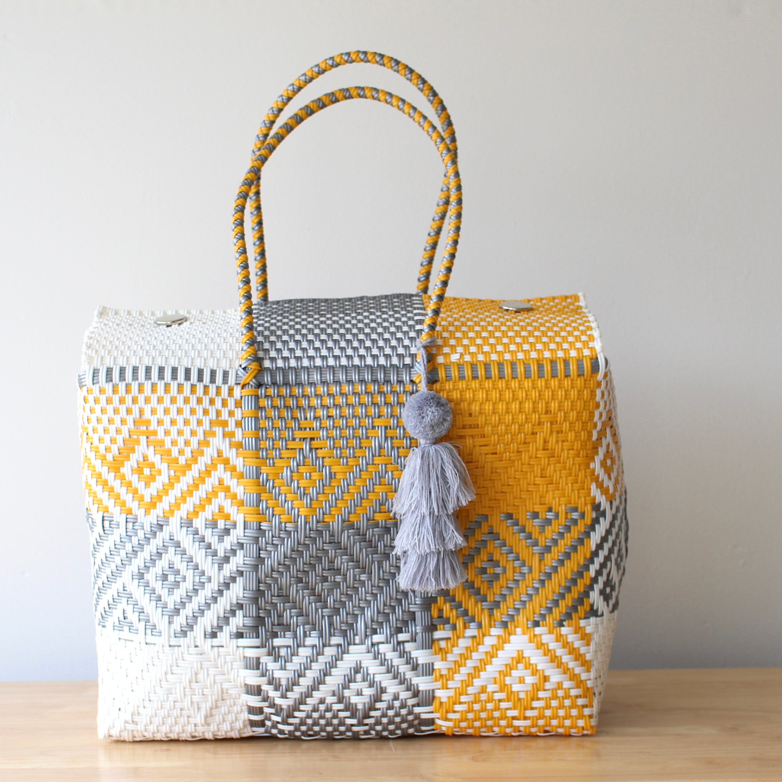 Handwoven Basket Bag in Silver, White and Yellow color artisan made