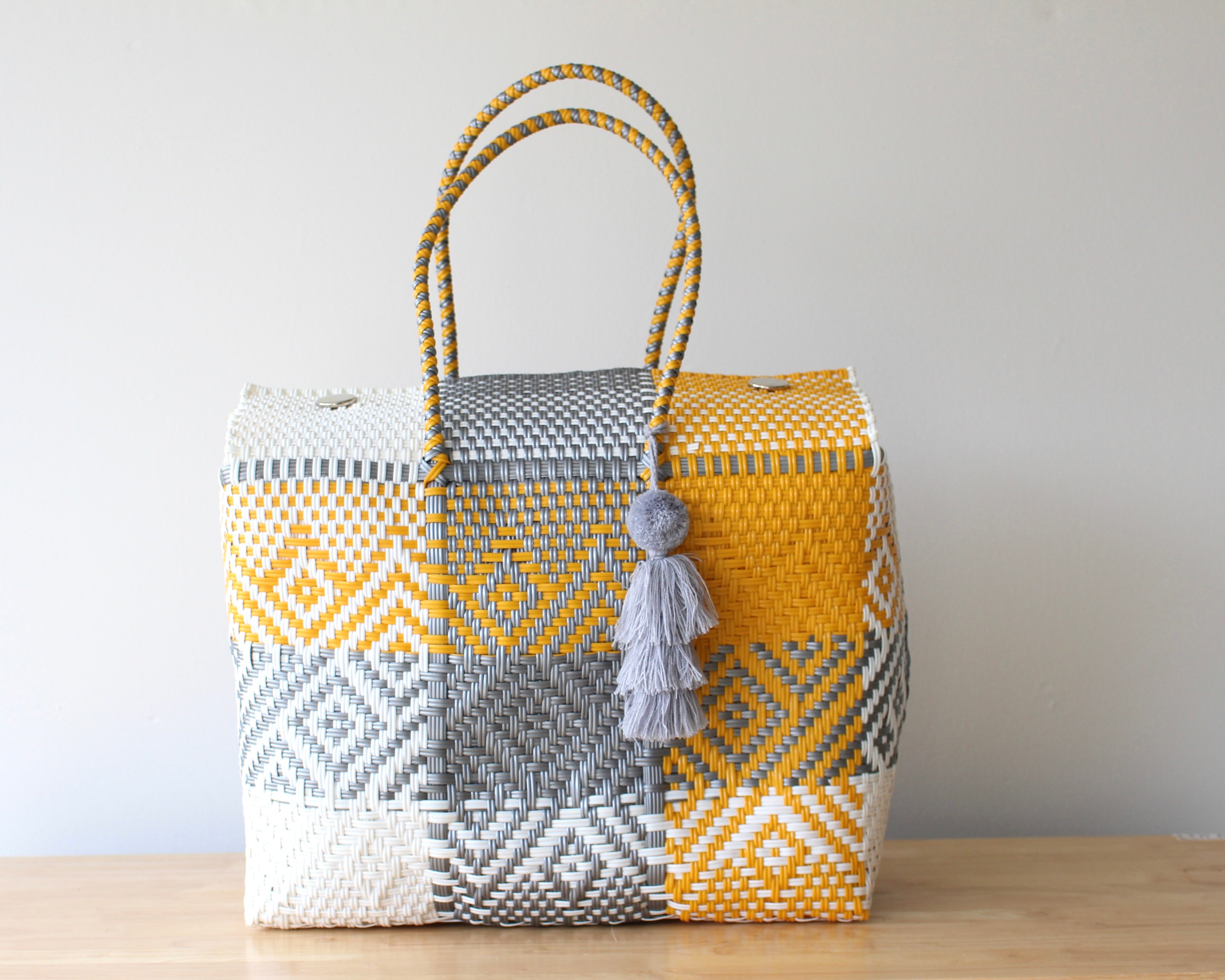 Handwoven Basket Bag in Silver, White and Yellow color artisan made