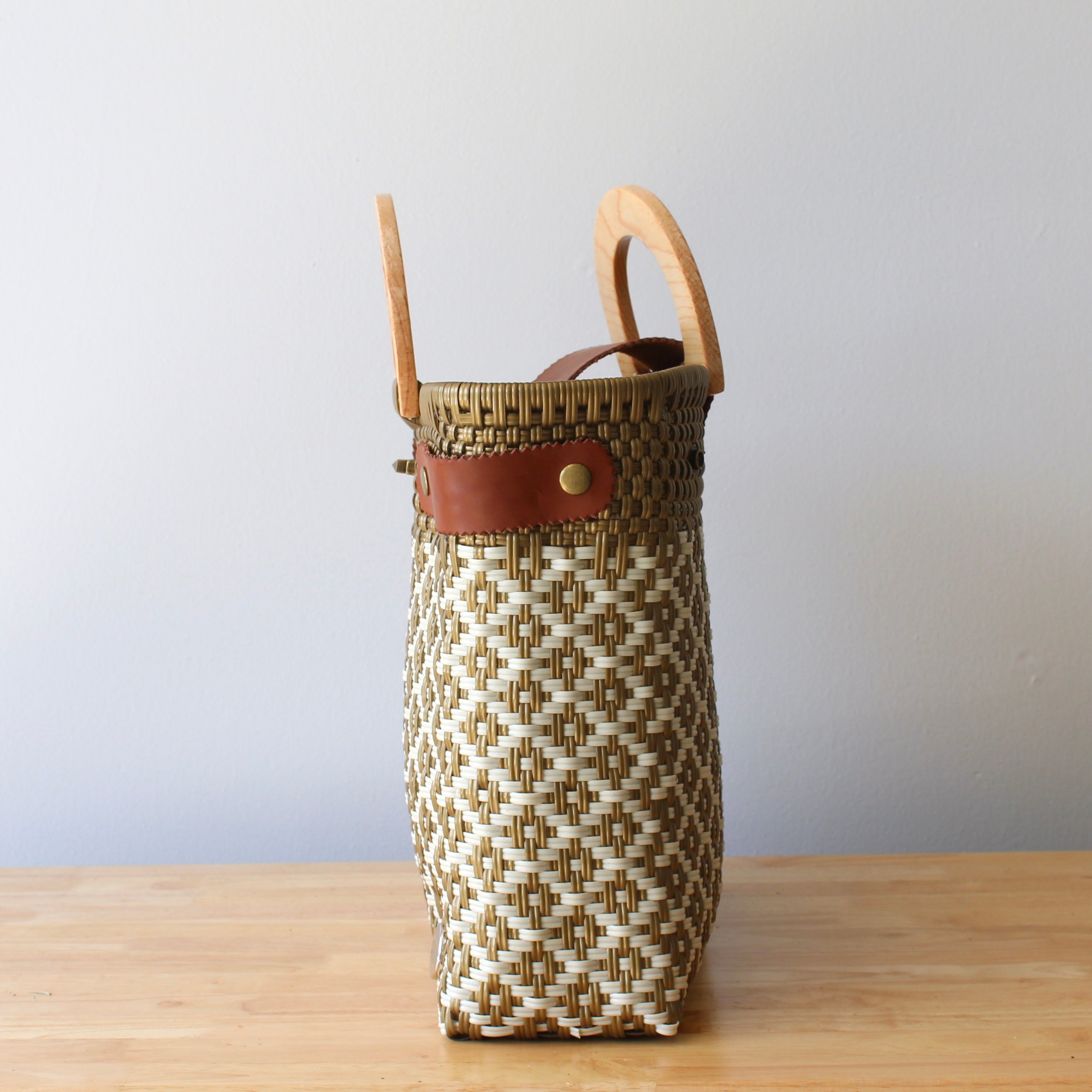 Handmade recycled plastic tote bag in earthy tones
