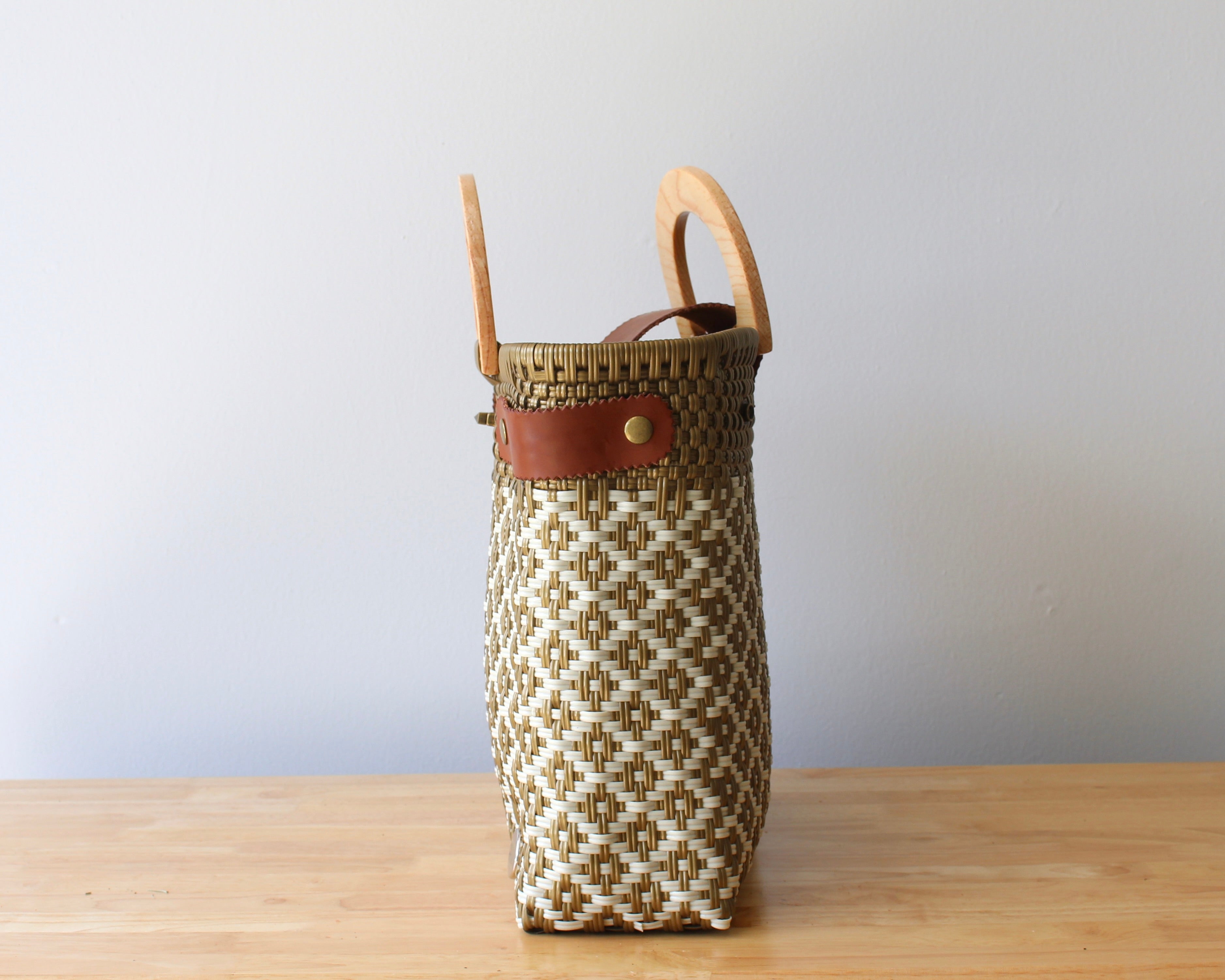 Handmade recycled plastic tote bag in earthy tones