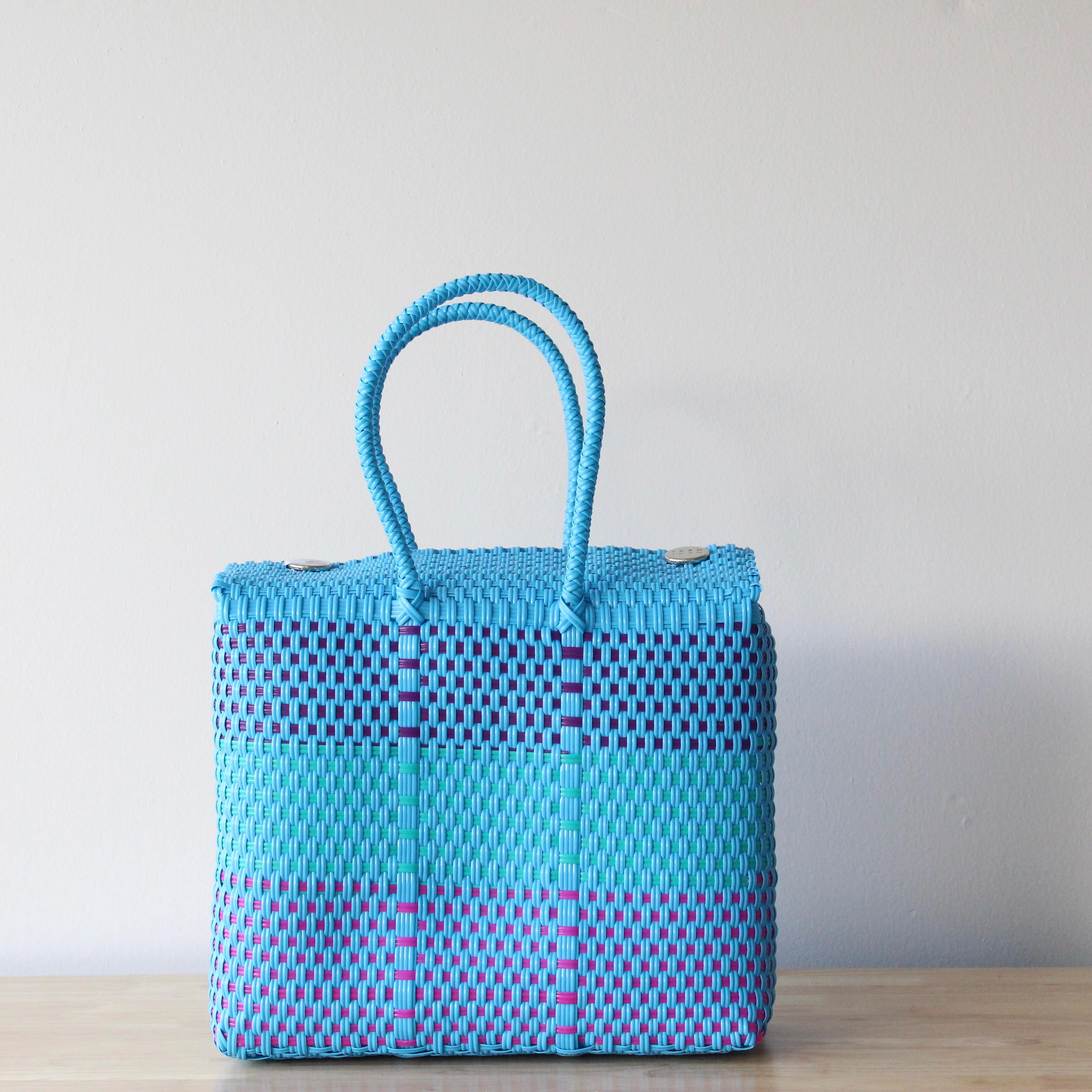 Turquoise and purple handwoven Mexican tote bag