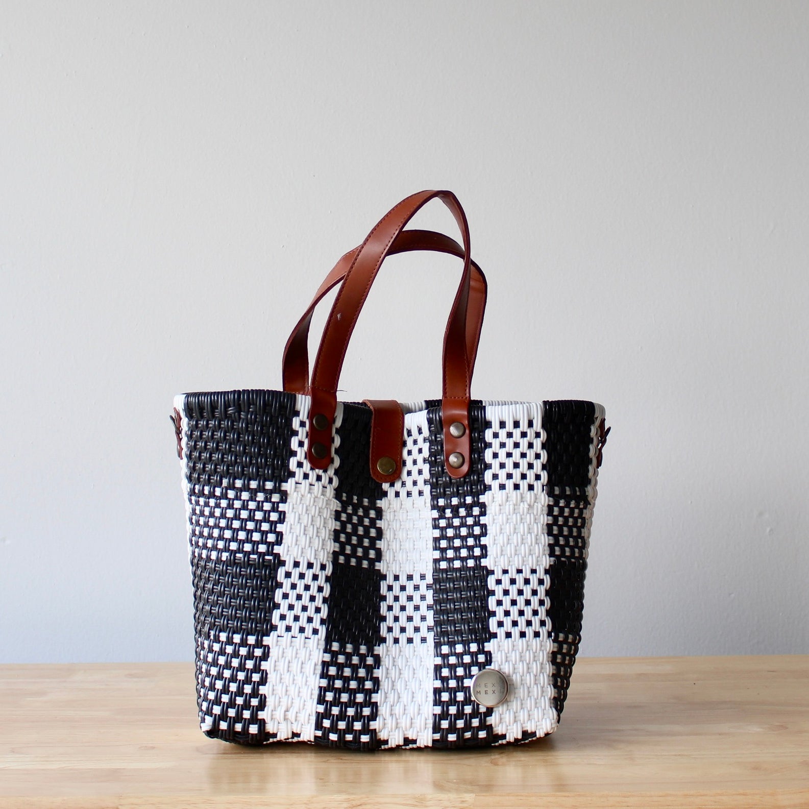 Black and White Artisan Resort Purse with leather handles