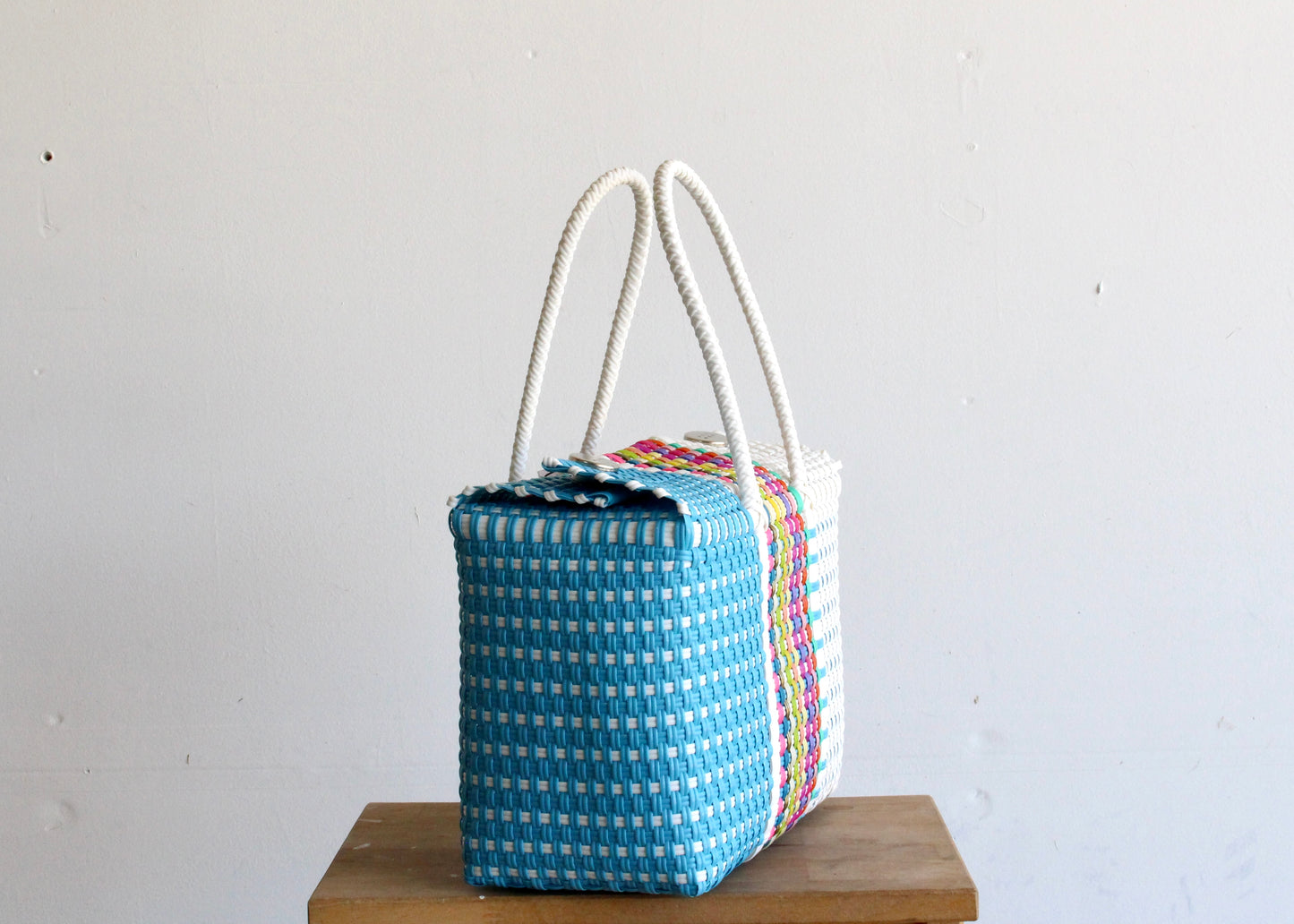 Baby Blue, White & Colors Handwoven Handbag by MexiMexi