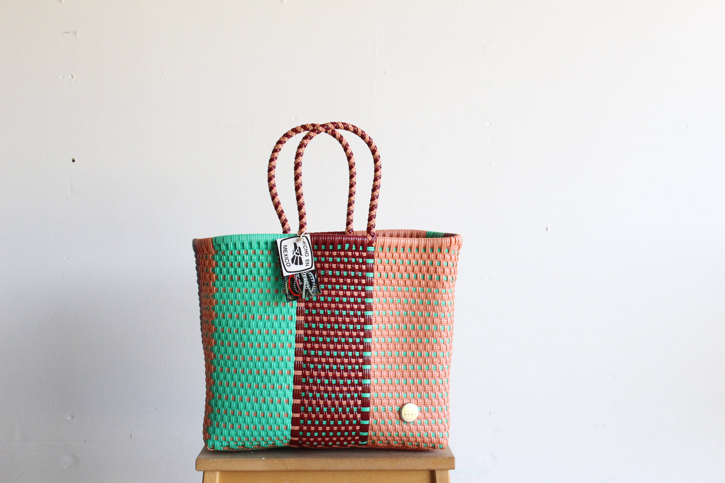 Peach, Aqua & Burgundy Handwoven Tote bag by MexiMexi