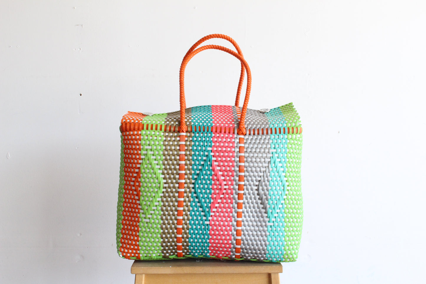 Green, Orange, Teal & Pink Handwoven Mexican Basket by MexiMexi