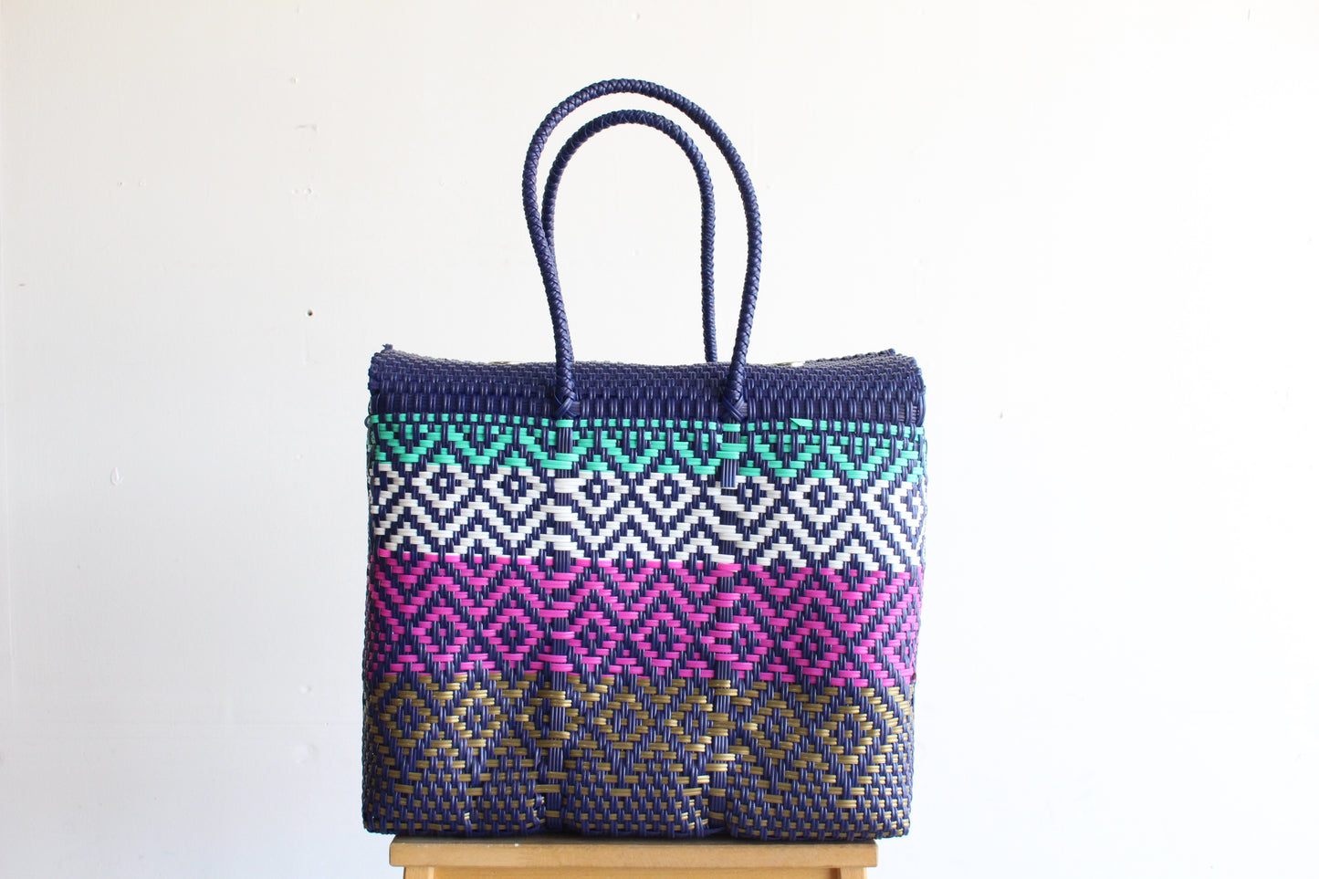 Blue, Pink, Teal & Gold Handwoven Mexican Basket by MexiMexi
