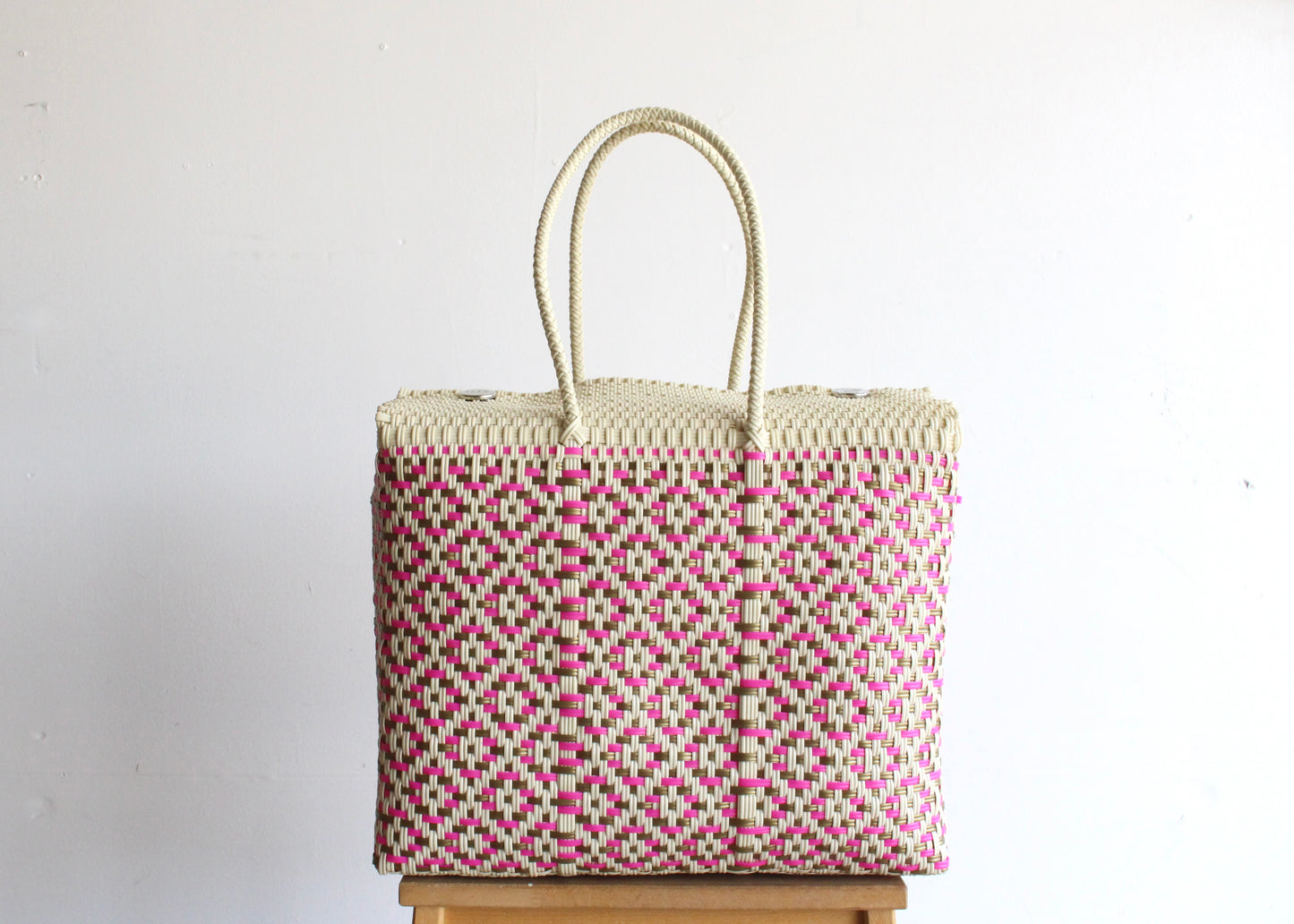Gold, Pink & Beige Handwoven Mexican Basket by MexiMexi