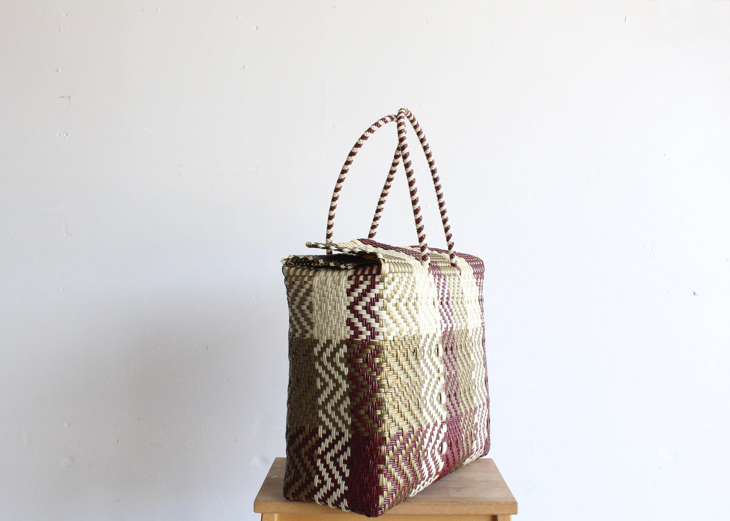 Gold, Maroon & Beige Handwoven Mexican Basket by MexiMexi