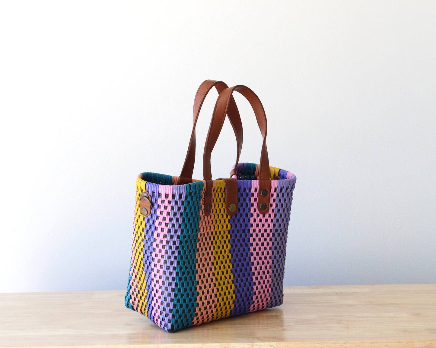 MexiMexi Colorful Artisan Purse – Handmade in Mexico – Recycled Plastic & Leather – Teal, Peach, Yellow, Lilac