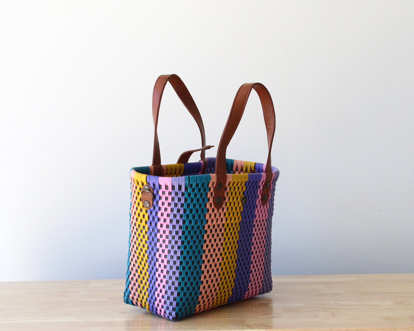 MexiMexi Colorful Artisan Purse – Handmade in Mexico – Recycled Plastic & Leather – Teal, Peach, Yellow, Lilac