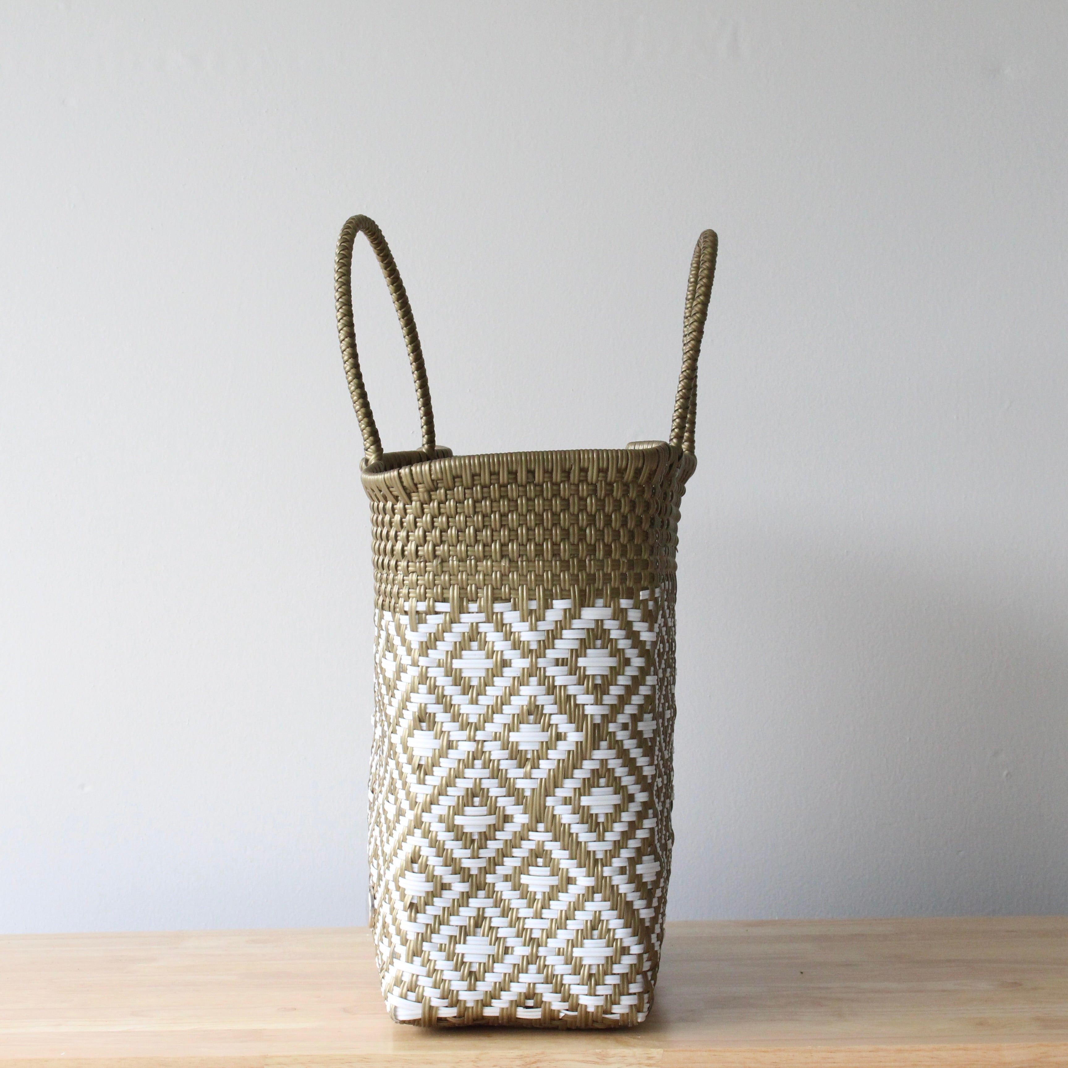 Eco friendly medium Mexican market tote gold white plastic