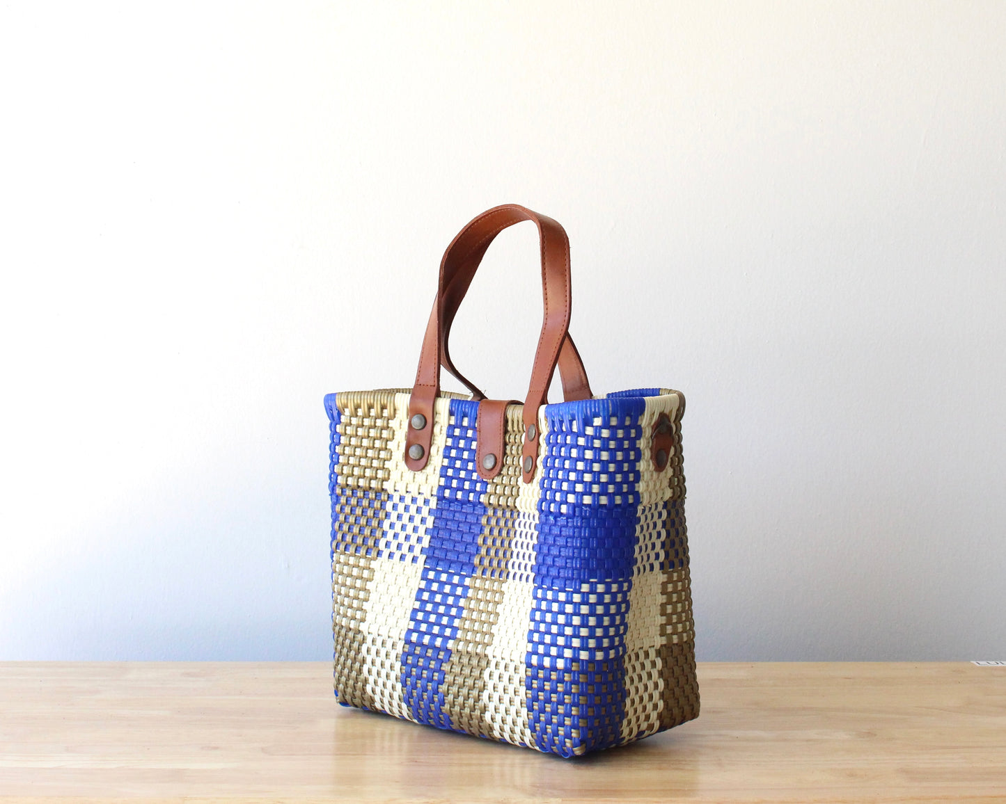 MexiMexi Royal Blue Checkered Bag – Handmade Tote with Leather Handles
