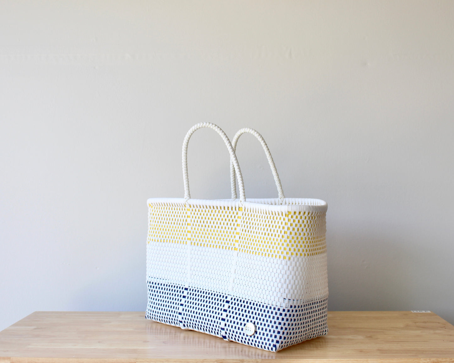Playa Large Tote – Yellow, White & Navy – Handwoven in Mexico