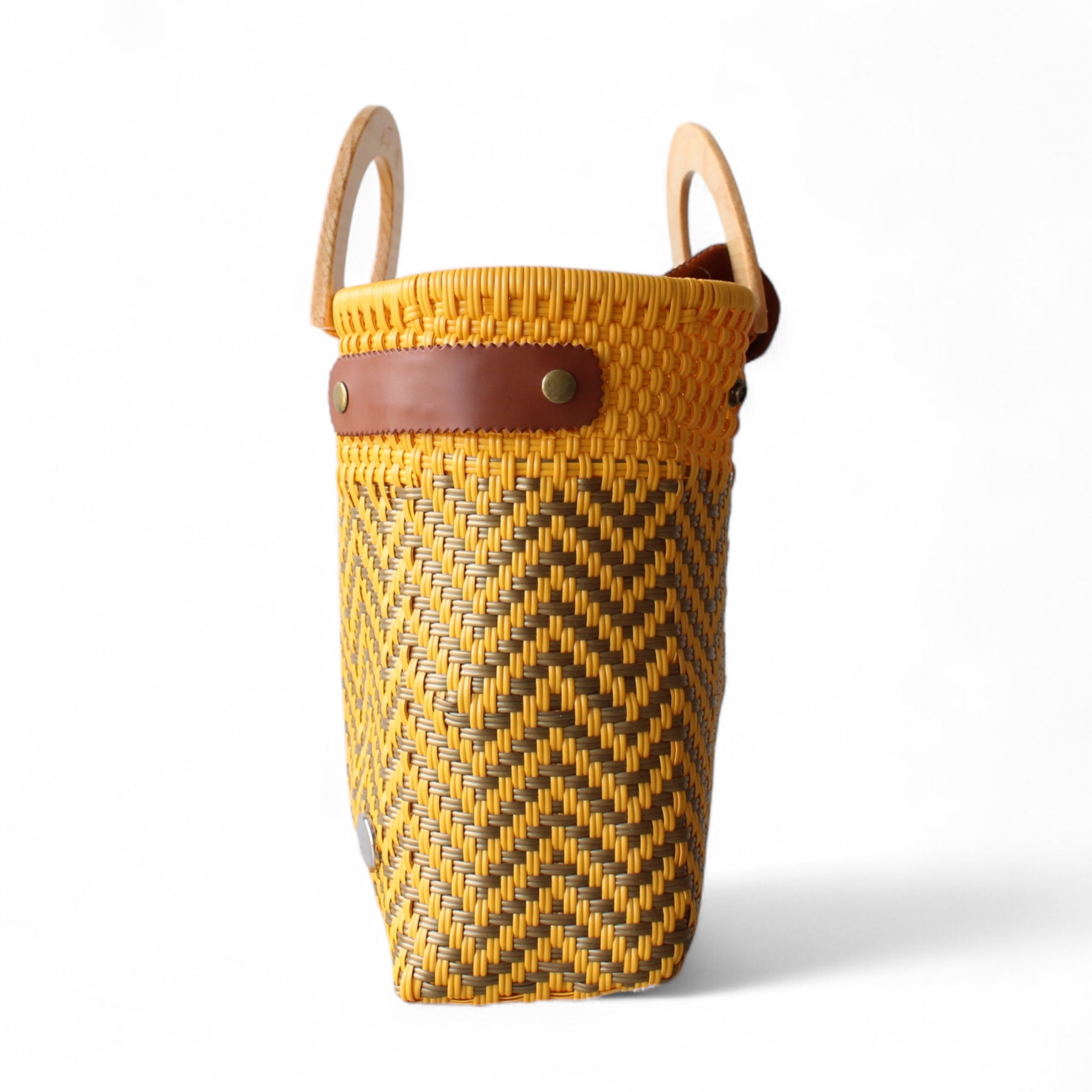 Yellow and brown chevron artisan tote, handmade in Mexico with wooden handles