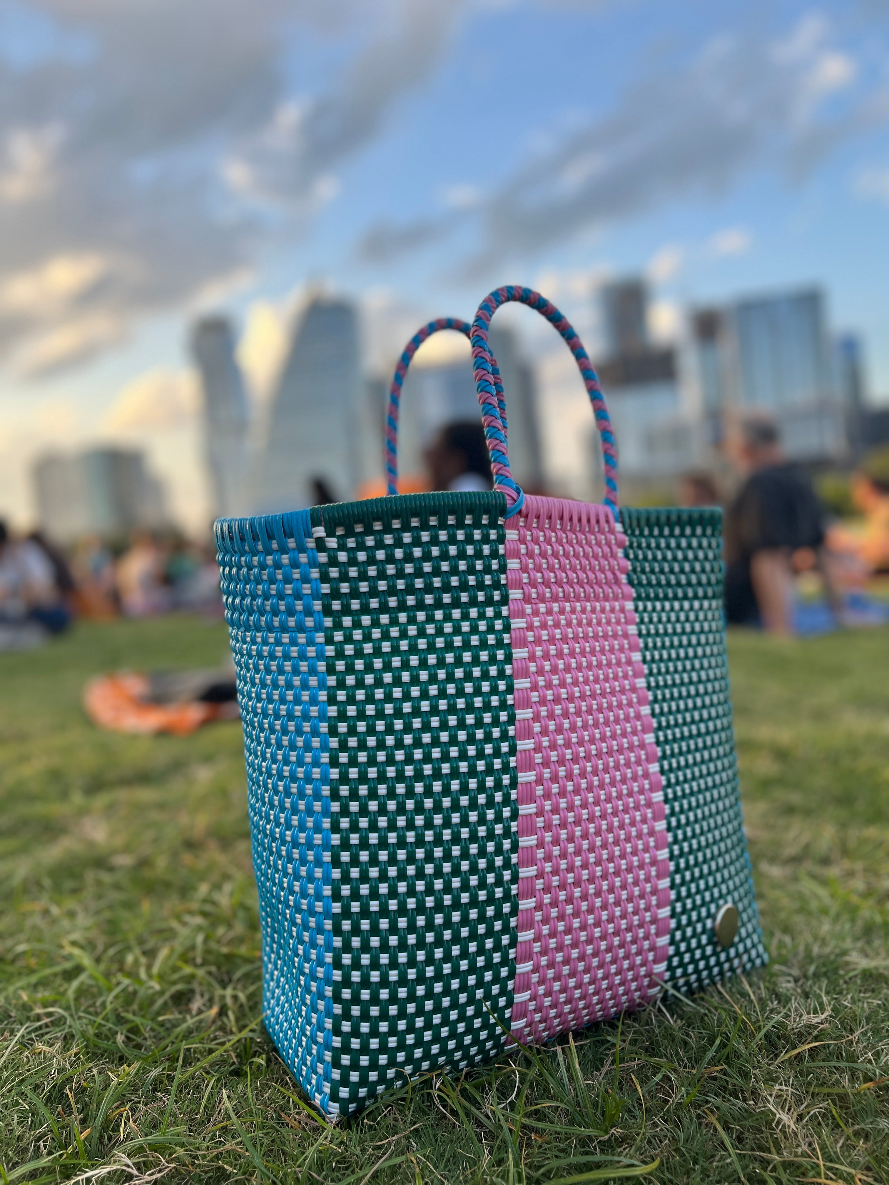 Silver authentic and White Plaid MexiMexi Basket, Handwoven Mexican Bag, Oaxaca Tote, Mexican Plastic Bag, Mexican Art, MexiMexi, Picnic Basket