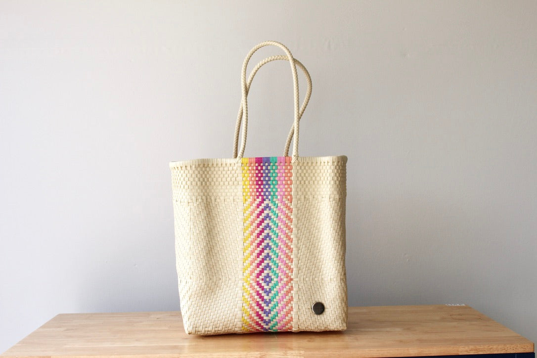 Handwoven Tote made from recyclable plastic perfect for grocery shopping