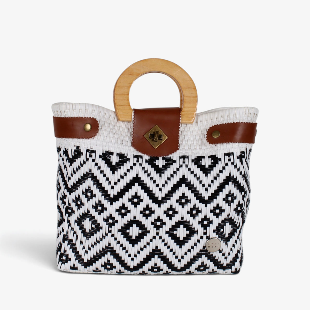 Carmen black and white diamond Mexican basket bag with natural wood handles, front view