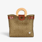 Carmen gold Mexican basket bag with natural wood handles, front view