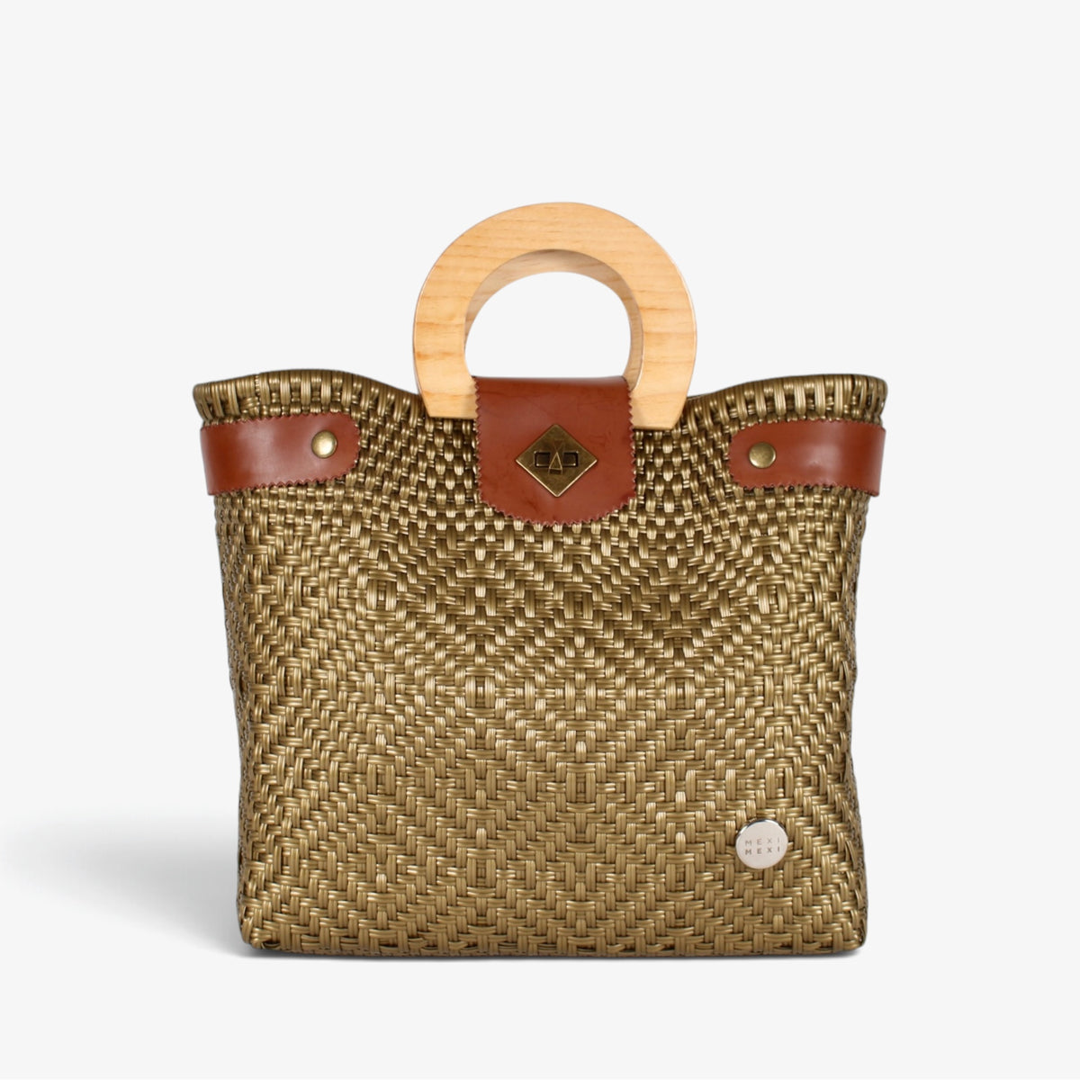 Carmen gold Mexican basket bag with natural wood handles, front view