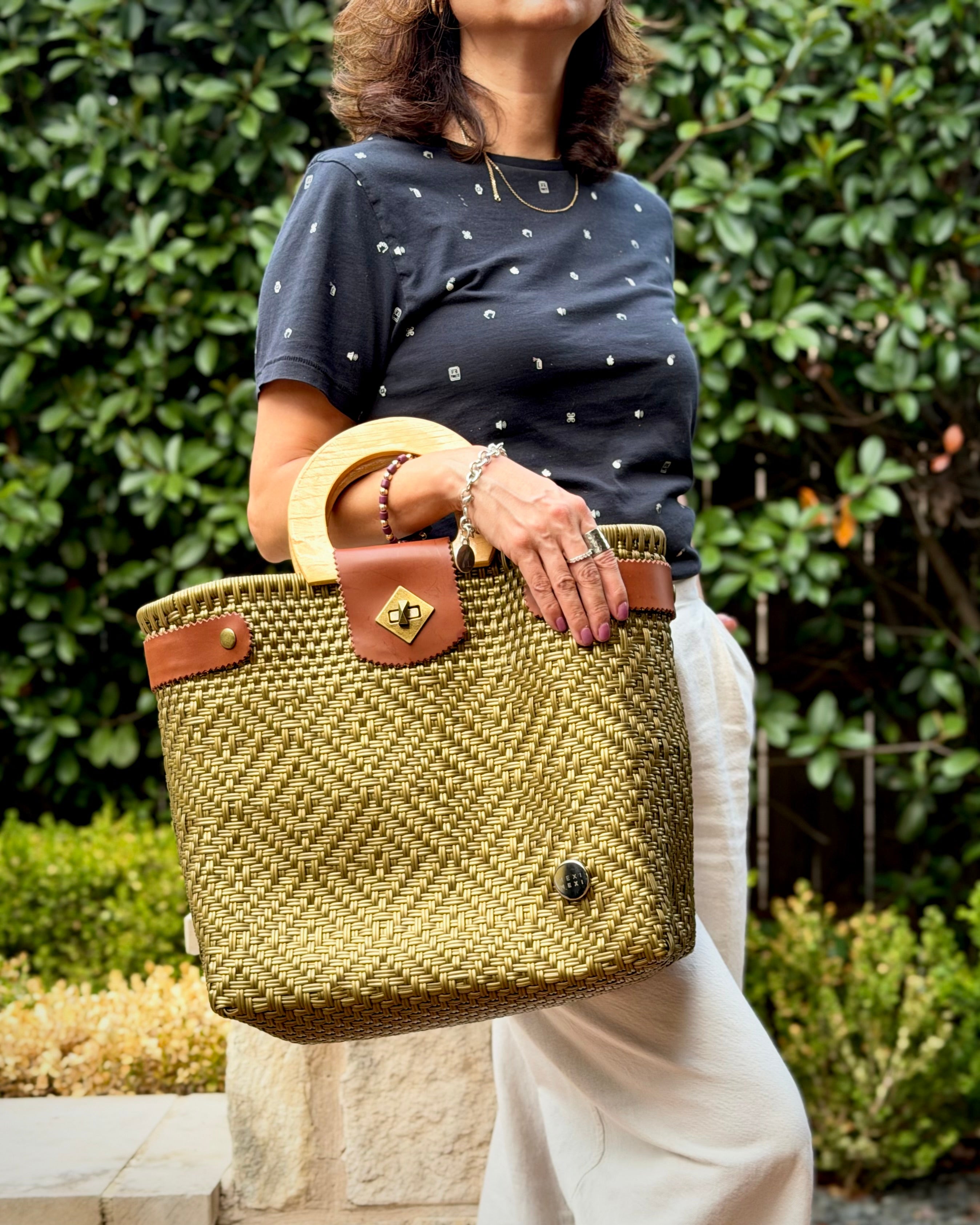 Gold Carmen Mexican basket bag with wood handles, lifestyle photo