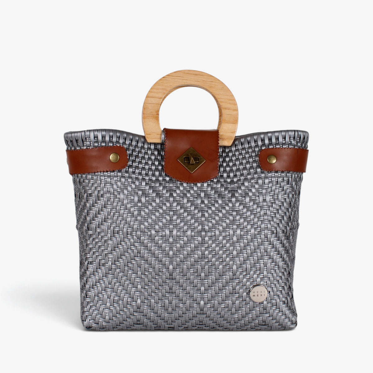 Carmen silver gray Mexican basket bag with natural wood handles, front view