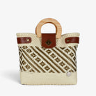 Carmen cream and gold Mexican basket bag with natural wood handles, front view