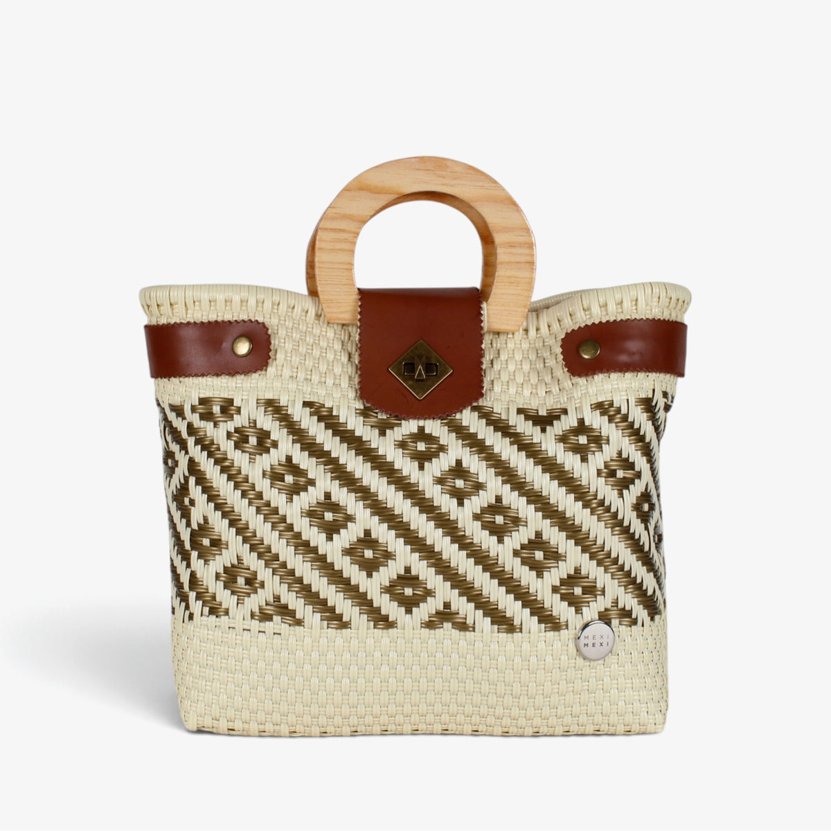 Carmen cream and gold Mexican basket bag with natural wood handles, front view