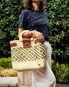 Cream & Gold Carmen Mexican basket bag with wood handles, lifestyle photo