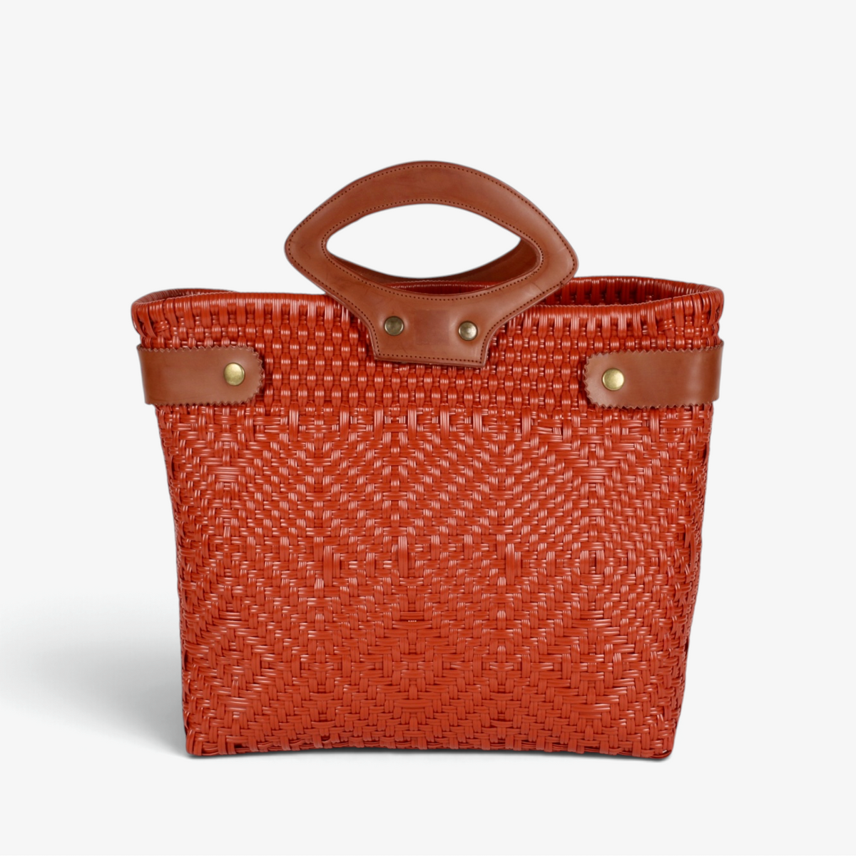 Laura Maria terracotta Mexican basket tote with brown genuine leather handles, front view