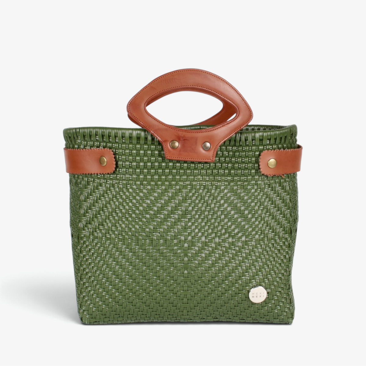Laura Maria olive green Mexican basket tote with brown genuine leather handles, front view