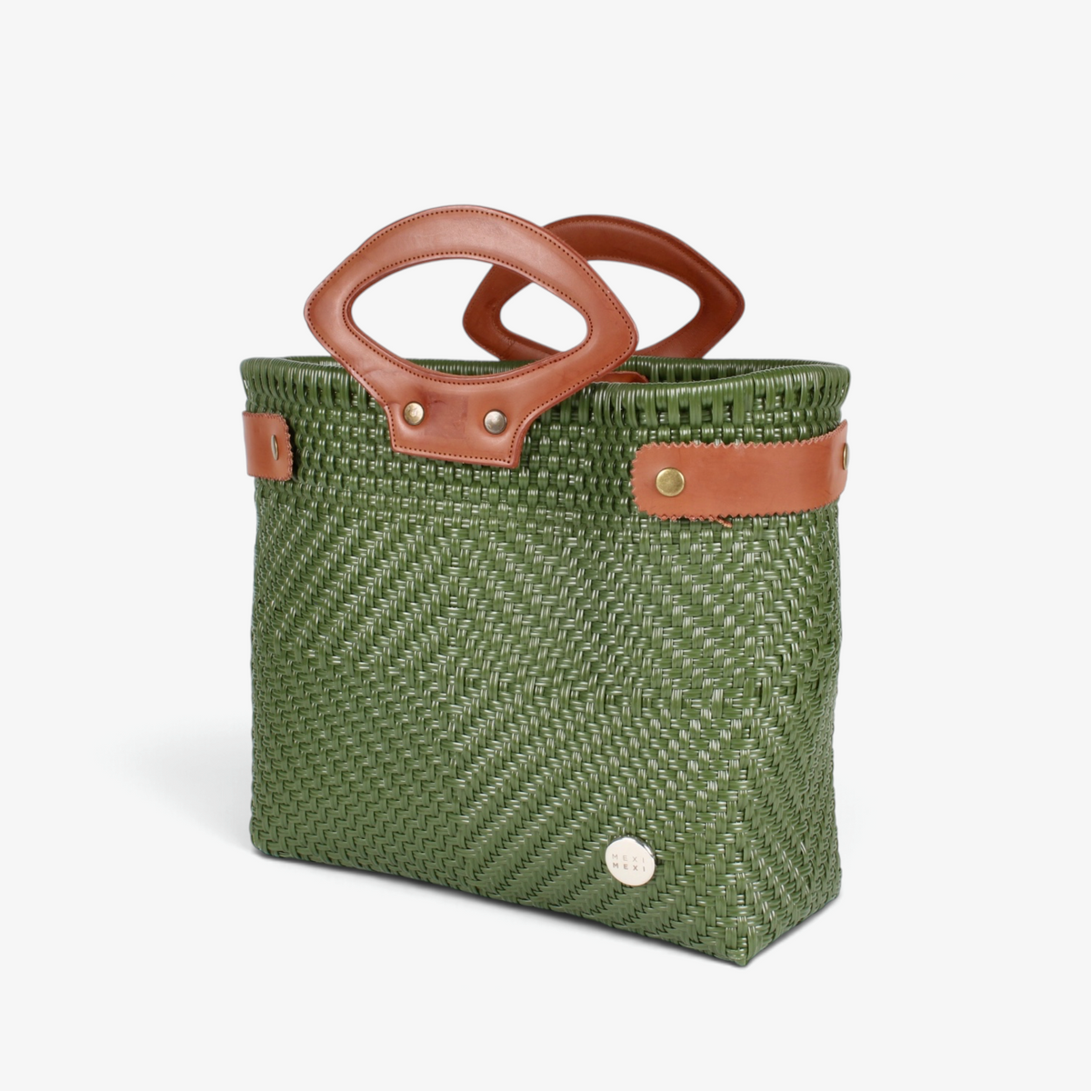 Olive green handwoven basket bag with brown genuine leather handles and snap side straps, angled view