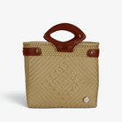 Laura Maria khaki Mexican woven tote bag with brown genuine leather handles, front view
