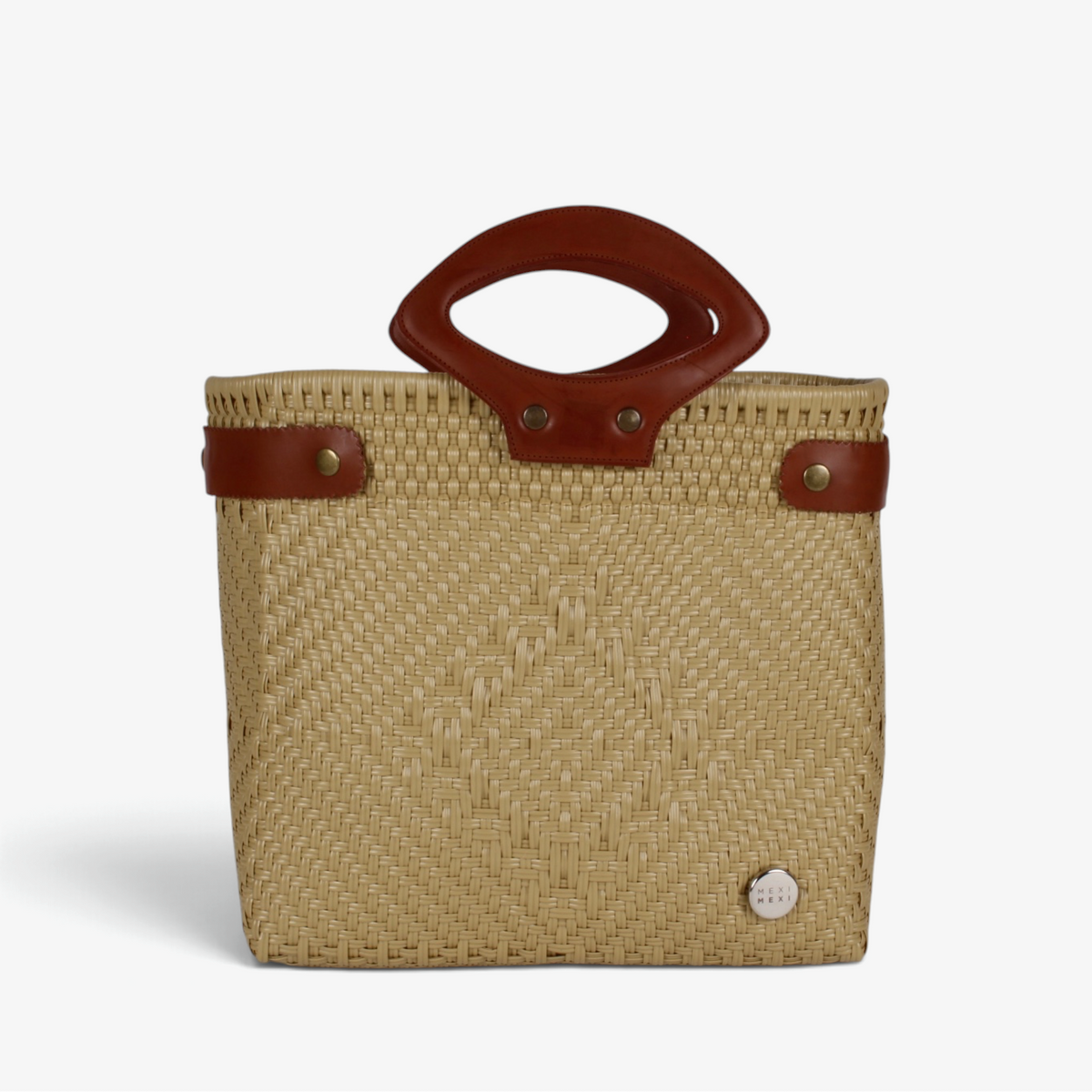 Laura Maria khaki Mexican woven tote bag with brown genuine leather handles, front view