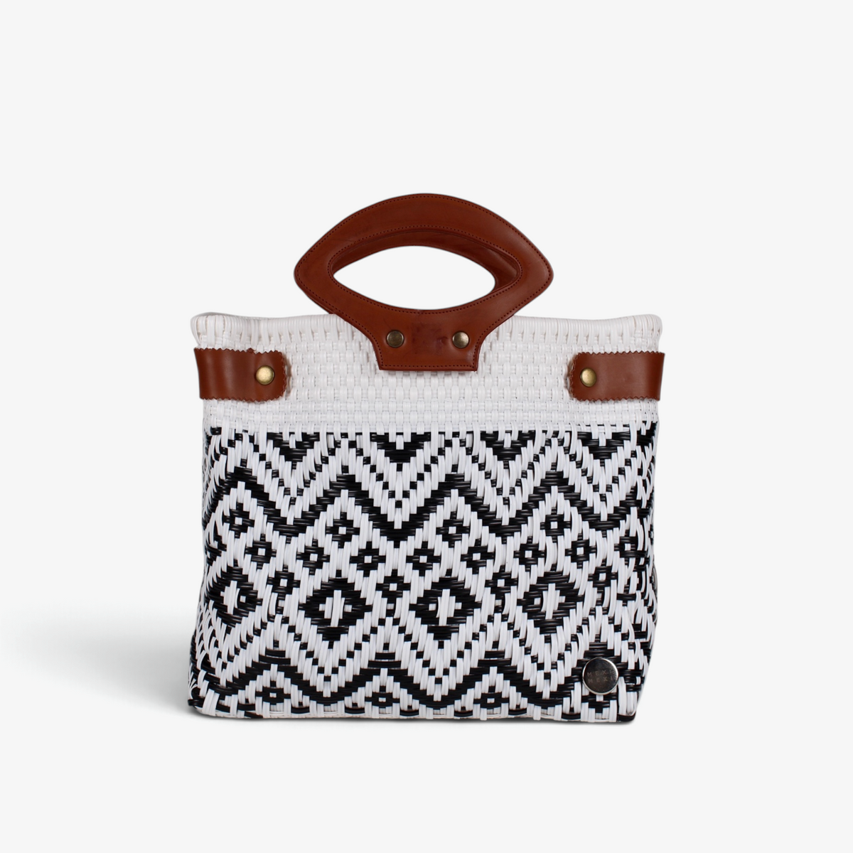Laura Maria white and black geometric Mexican tote bag with brown genuine leather handles, front view