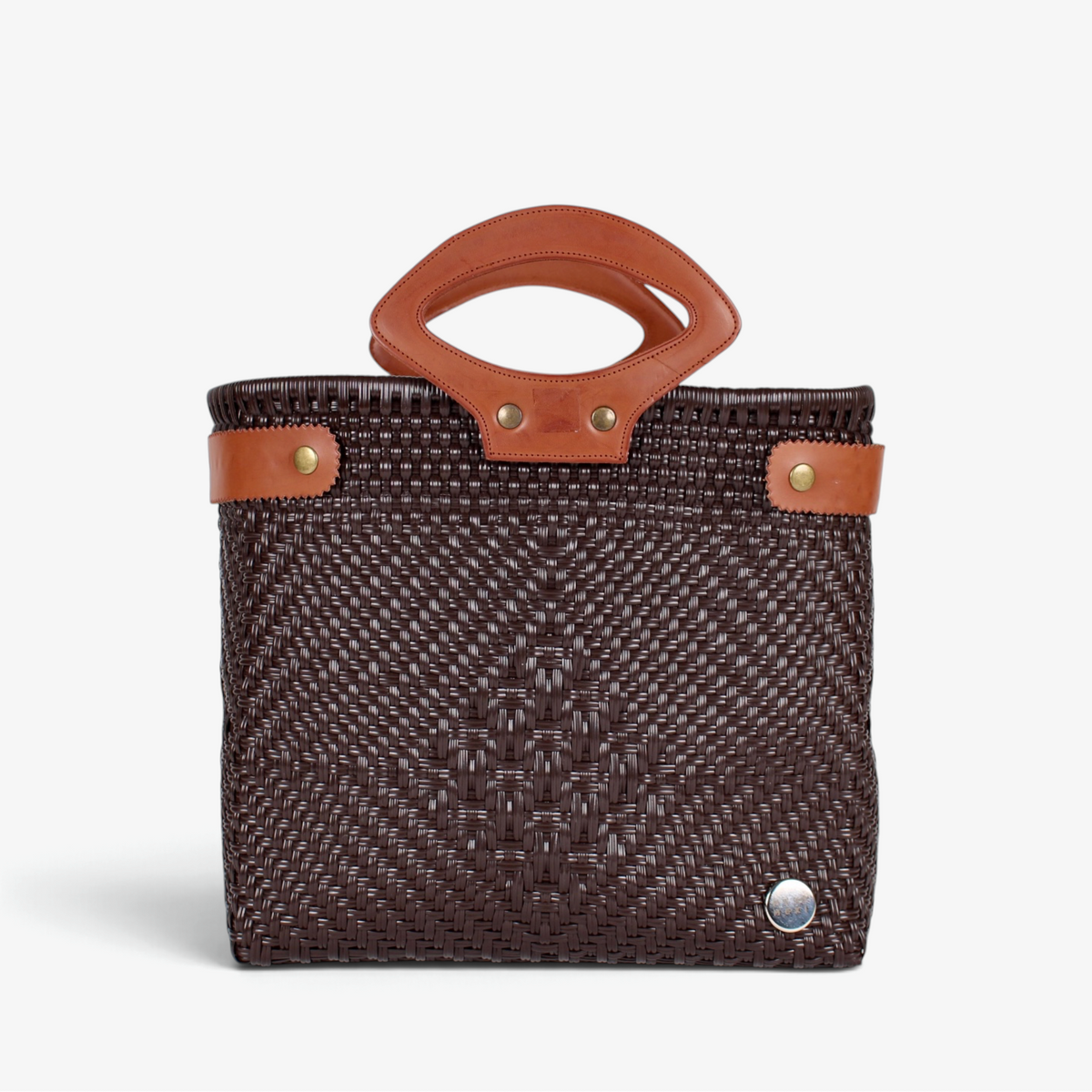 Laura Maria chocolate brown Mexican basket tote with brown genuine leather handles, front view