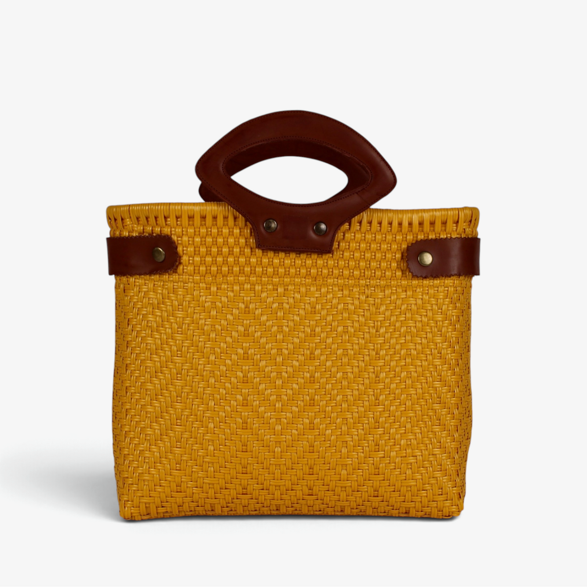 Laura Maria mustard yellow Mexican basket bag with brown genuine leather handles, front view