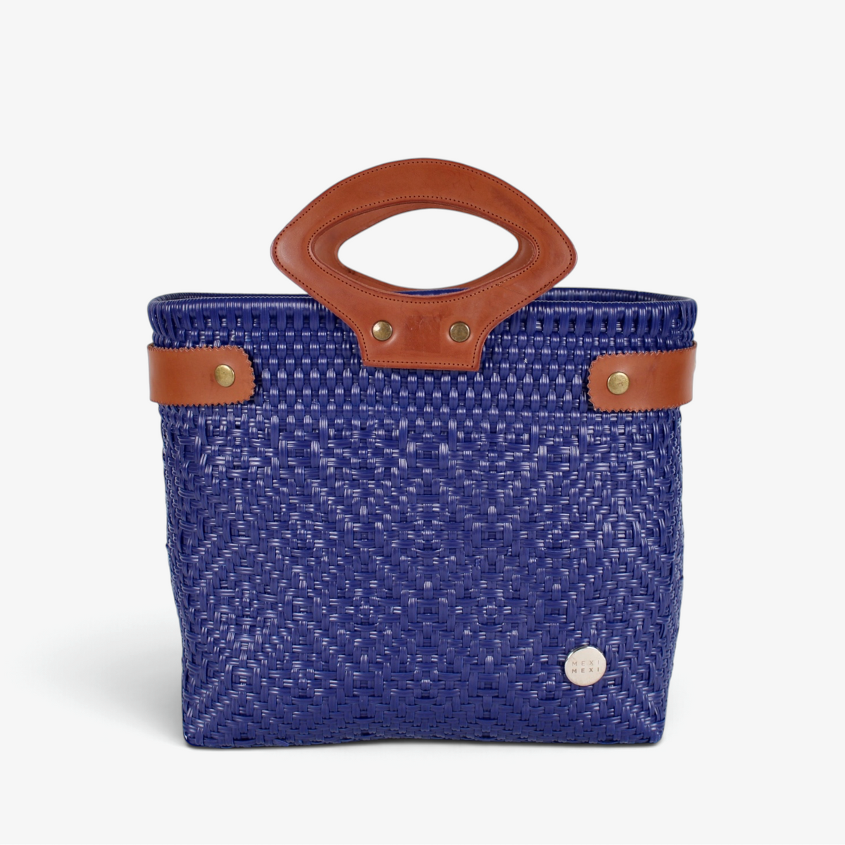 Laura Maria royal blue Mexican basket tote with brown genuine leather handles, front view