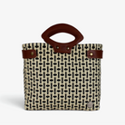 Laura Maria black and cream check Mexican woven tote with brown genuine leather handles, front view