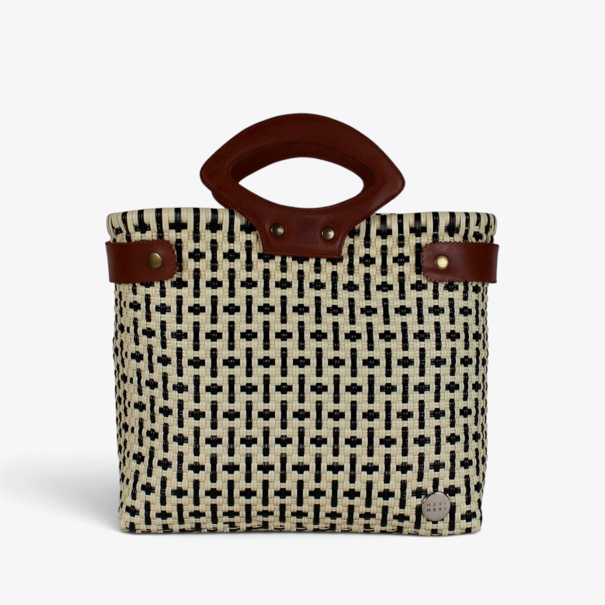 Laura Maria black and cream check Mexican woven tote with brown genuine leather handles, front view