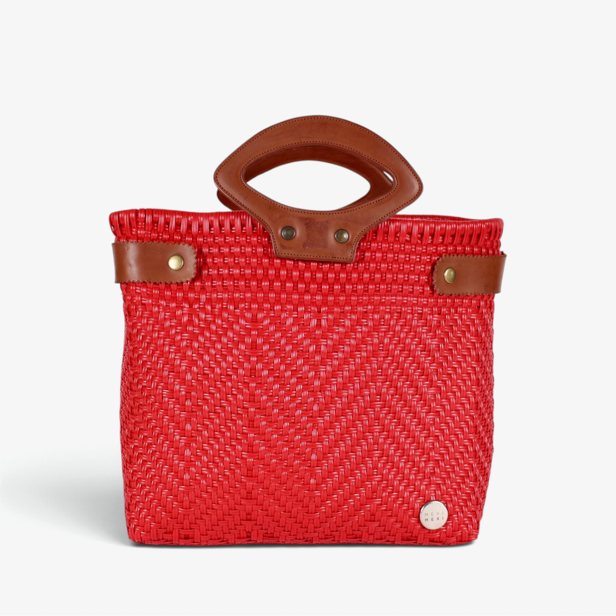 Laura Maria red Mexican basket bag with brown genuine leather handles, front view