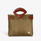 Laura Maria bronze Mexican basket tote with brown genuine leather handles, front view