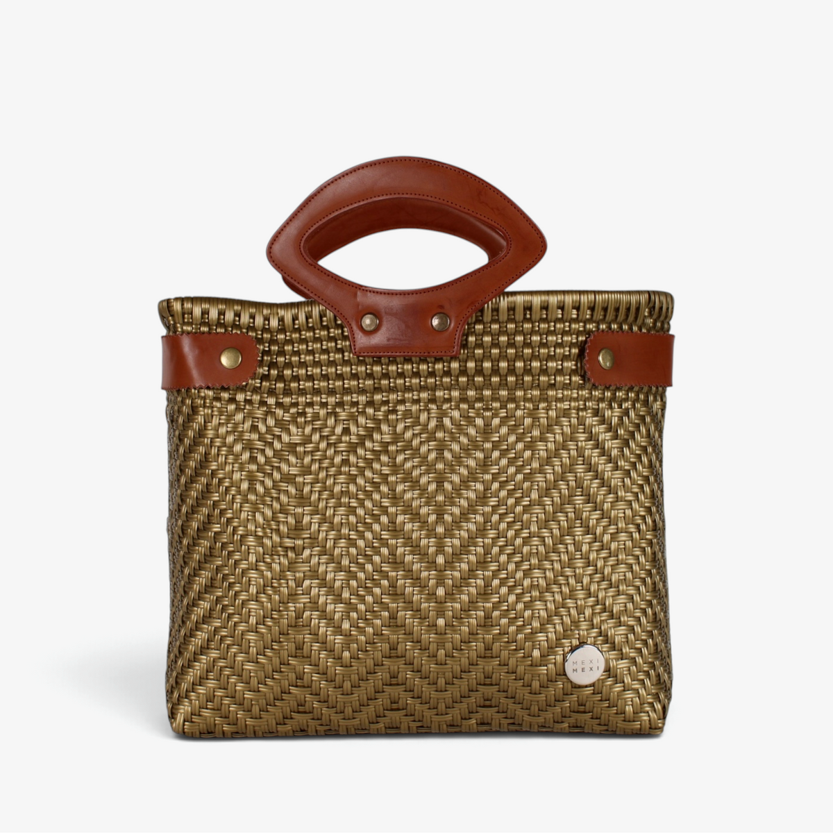 Laura Maria bronze Mexican basket tote with brown genuine leather handles, front view