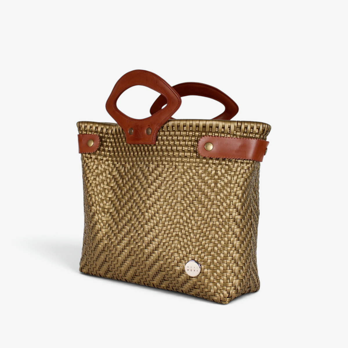 Bronze handwoven basket bag with zigzag weave and brown genuine leather handles, angled view