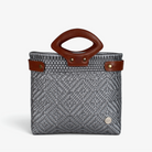 Laura Maria gray Mexican woven tote bag with brown genuine leather handles, front view