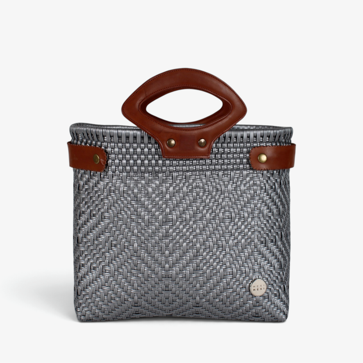 Laura Maria gray Mexican woven tote bag with brown genuine leather handles, front view