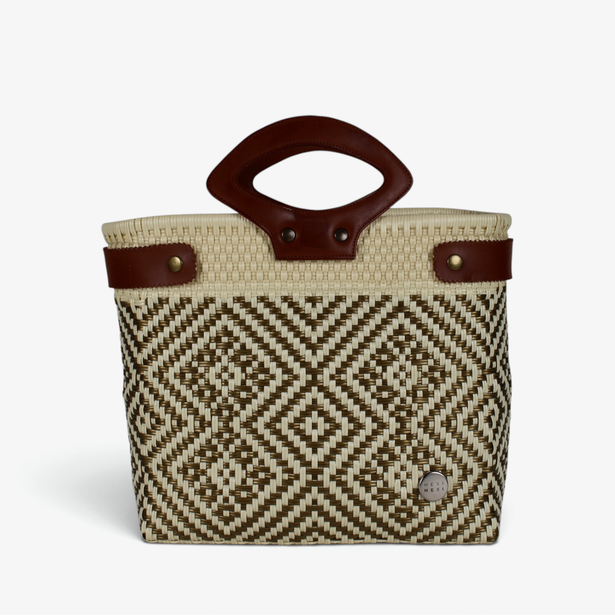 Laura Maria natural tan diamond-pattern Mexican basket tote with brown genuine leather handles, front view