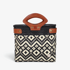 Laura Maria black and ivory diamond Mexican basket bag with brown genuine leather handles, front view