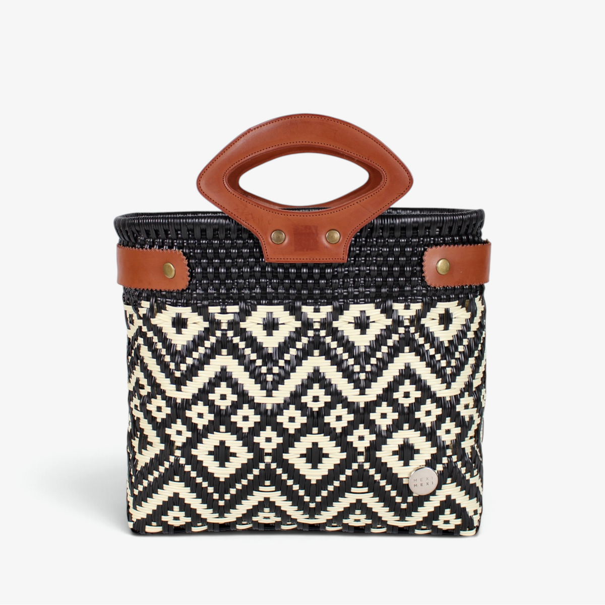 Laura Maria black and ivory diamond Mexican basket bag with brown genuine leather handles, front view