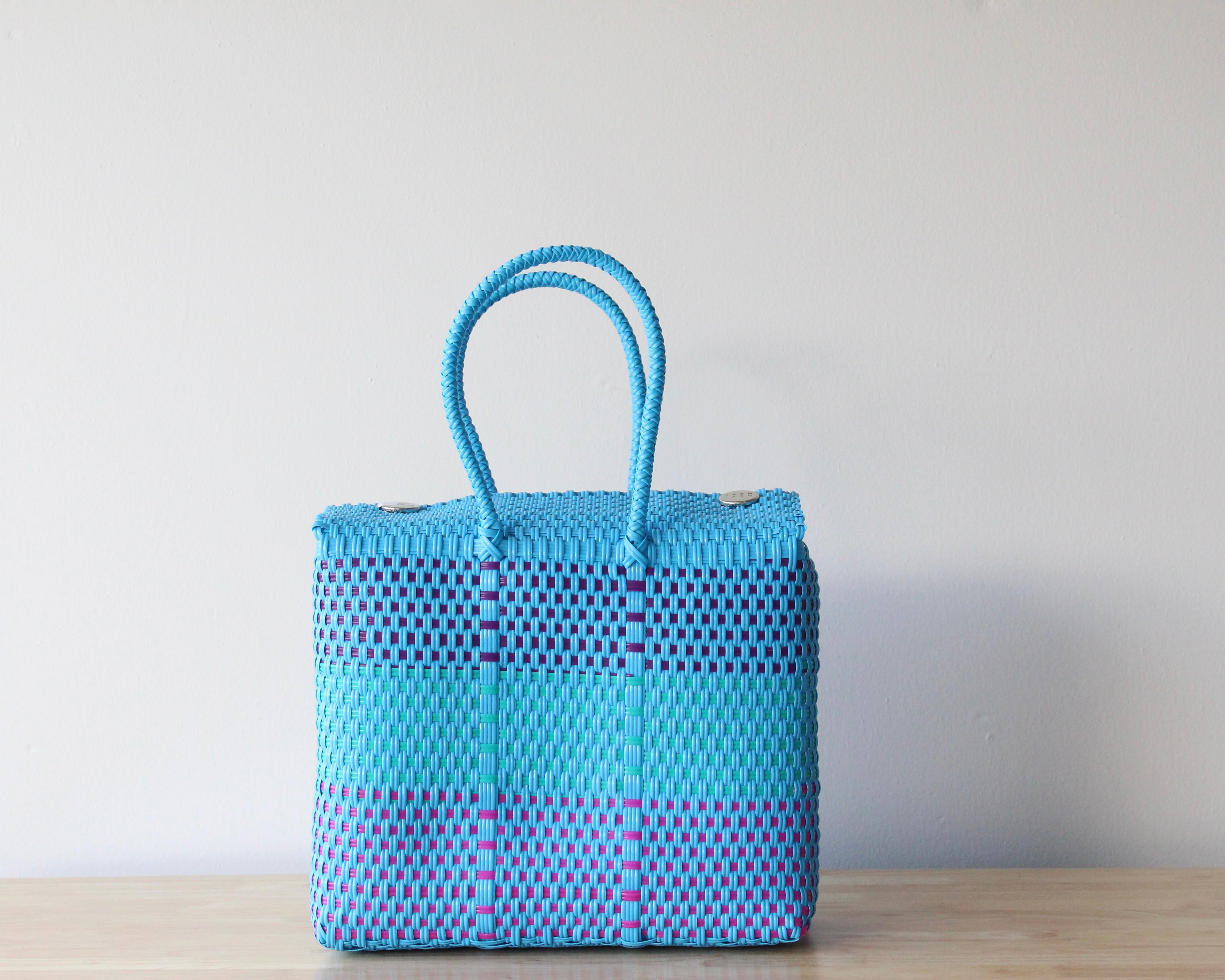 Turquoise and purple handwoven Mexican tote bag