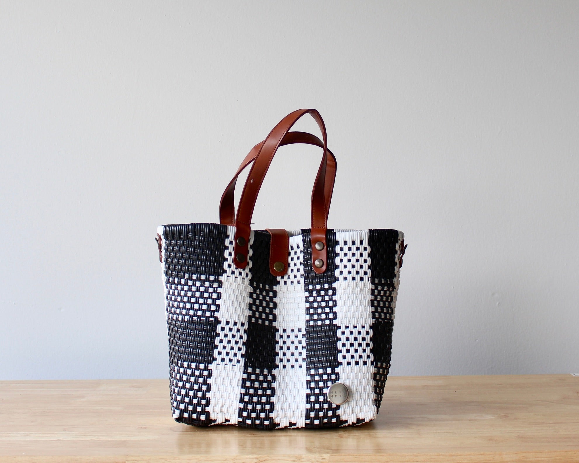 Black and White Artisan Resort Purse with leather handles